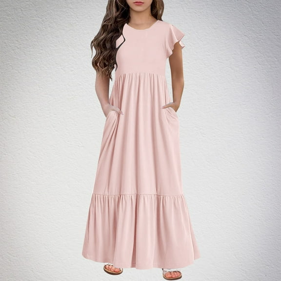 Maxi Dresses for Girls with Pockets 2025 Size 6-12 Toddlers Kids Trendy Ruffle Cap Sleeve Crewneck Solid Color Long Dress