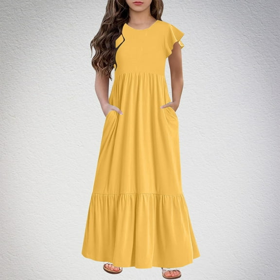 Maxi Dresses for Girls with Pockets 2025 Size 6-12 Toddlers Kids Trendy Ruffle Cap Sleeve Crewneck Solid Color Long Dress
