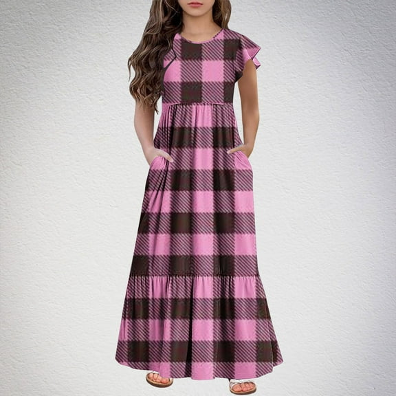 Maxi Dresses for Girls with Pockets Size 6-12 Kids Trendy Ruffle Short Sleeve Crewneck Plaid Printed Pullover Vacation Long Dress