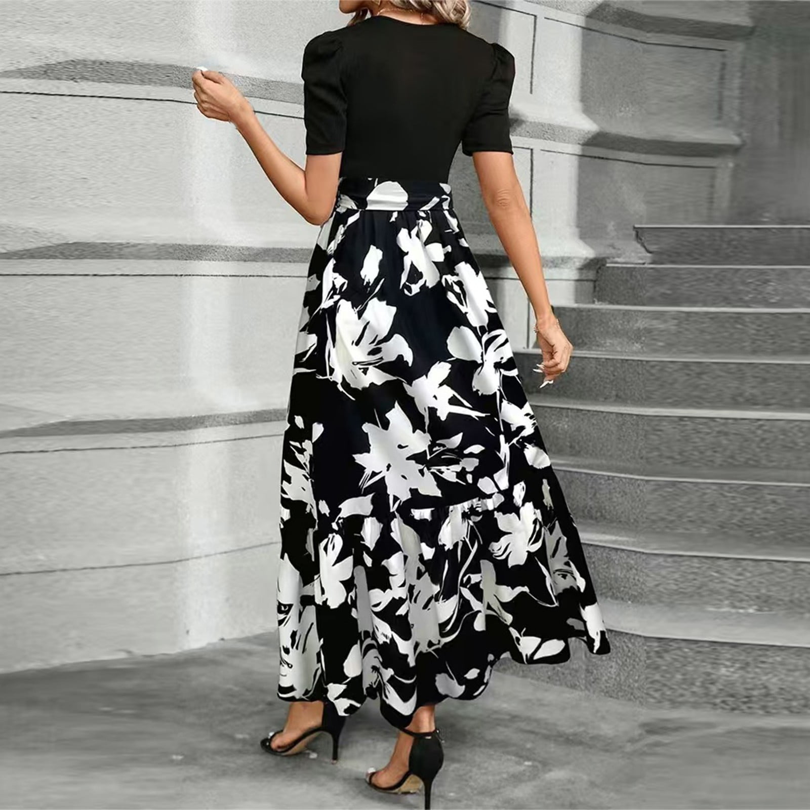 Supnier Women's Floral Maxi Dress With Pockets - Long Sleeve, Empire Waist, Casual Long Dress (Black Red Flower)