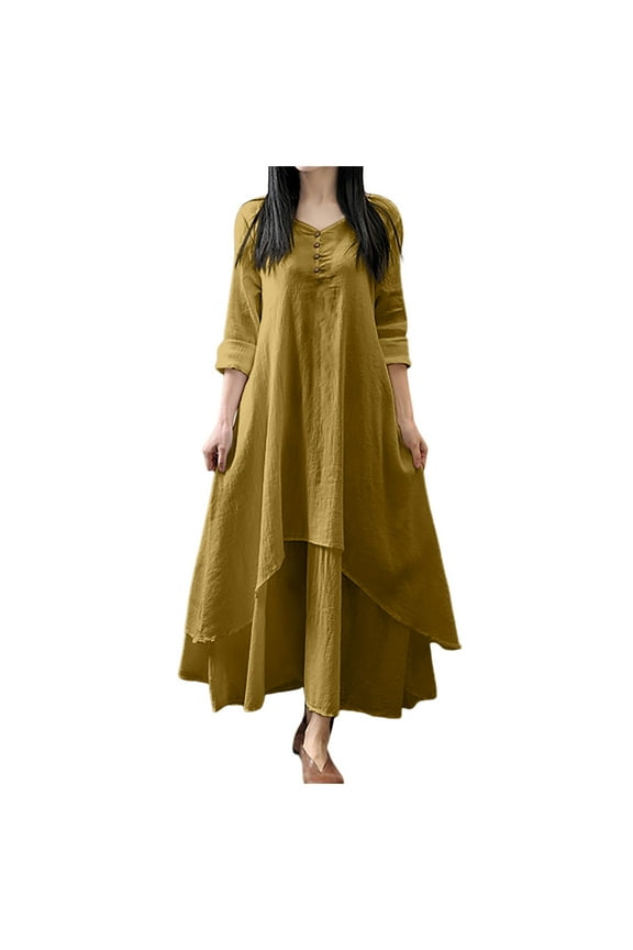 Maxi Dresses for Women 2024 Ladies Two Artistic Large Swing Linen Loose Long Sleeved Cotton Linen Skirt Yellow, M