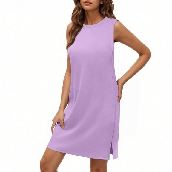 Maxi Dresses for Women 2025, Fashion Women's Solid Sexy Round Neck Sleeveless Dresses Casual Comfortable All Occasion(Purple,XXL)