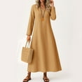 thumbnail image 1 of Maxi Dresses for Women 2025 Linen Long Sleeve V Neck Sundress Casual Loose Beach Vacation Dress Light Brown 2XL, 1 of 4