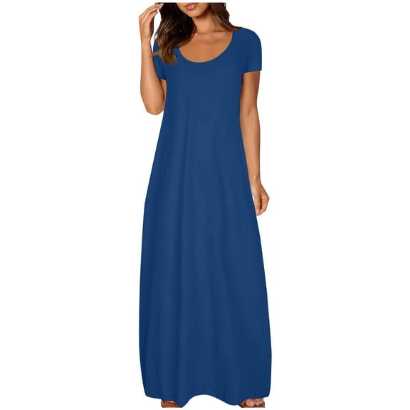 Maxi Dresses for Women 2025 Short Sleeve Loose Plain Casual Long Dresses with Pockets Beach Sundress
