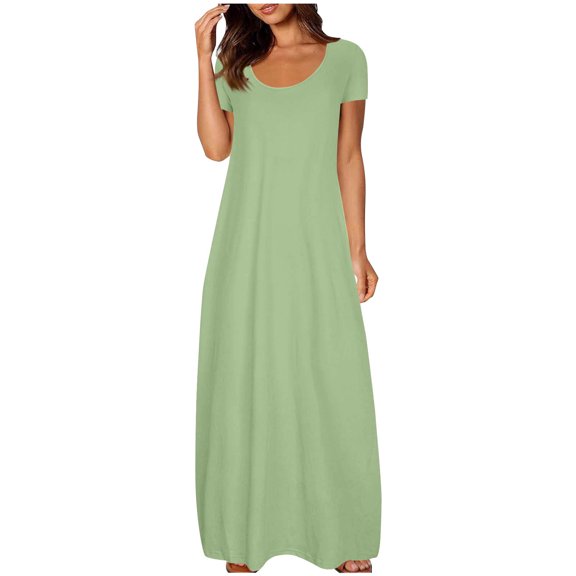 Maxi Dresses for Women 2025 Short Sleeve Loose Plain Casual Long Dresses with Pockets Beach Sundress