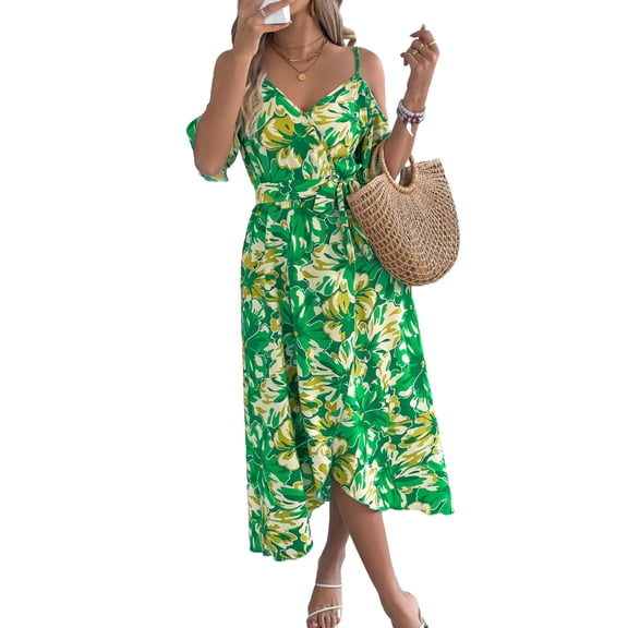 Deliqiba Maxi Dresses for Women 2025 Summer Boho Cold Shoulder Suspender V Neck Dress Casual Split Thigh Flowy Long Dress Green S