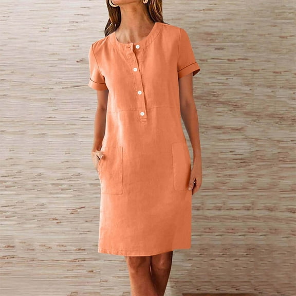 Maxi Dresses for Women 2025, Women Fashion Round-Neck Pockets Button Dress Solid Short Sleeve Dress(Orange,S)