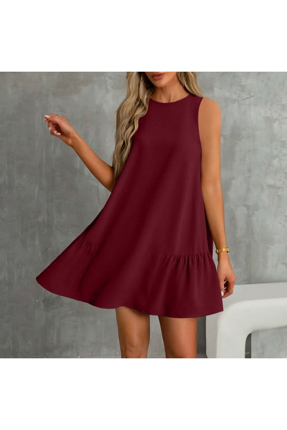 Maxi Dresses for Women 2025, Women Summer Solid Color Round Neck Sleeveless With Button Down Hem And Pleated Dress At The Back(Wine,S)