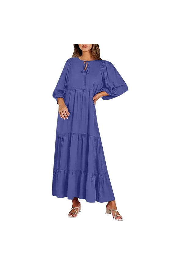 Maxi Dresses for Women 2025 Women's Casual European And American Solid Color Bubble Sleeve Dress Long Sleeved Round Neck And Ankle DressNavy S-2XL