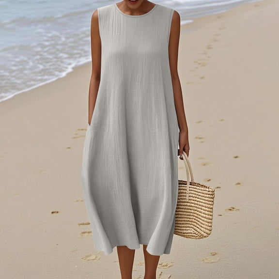 Maxi Dresses for Women 2025, Women's Solid Sleeveless Round Neck Cotton And Linen Pocket Wrap Maxi Dress(Gray,M)