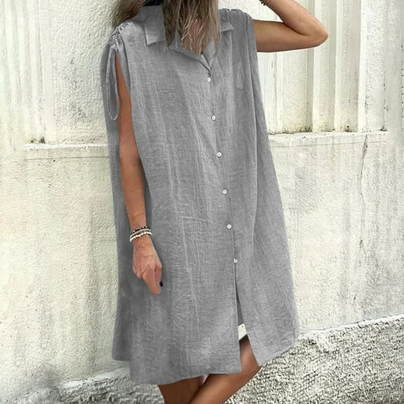 Maxi Dresses for Women 2025, Women's Summer Imitation And Linen Lapel Solid Color With Pockets Shoulder Drawstring Dress(Gray,S)