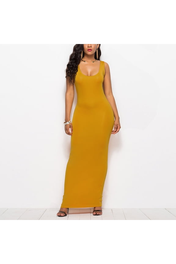 Maxi Dresses for Women 2026 Spring Summer Casual Long Sundress Fitted Tank Basic Dress Club Party Beach (Yellow,S)