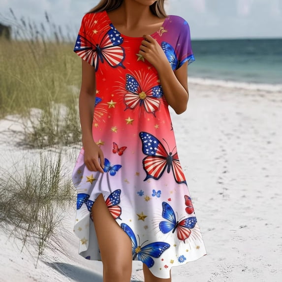 Maxi Dresses for Women 2026 Summer American Flag Print 4Th of July Dress Elegant Short Sleeve Flowy Beach Boho Dress