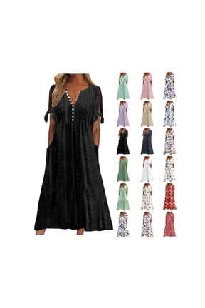 Maxi Dresses for Women Button V Neck Short Sleeve Eyelet Dress Boho Vacation Maxi Sundress with Pockets