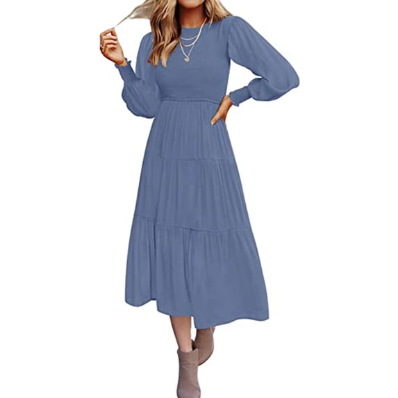 Maxi Dresses for Women Casual Crew Neck Long Sleeve High Waist Patchwork Fashion Beach Wear Daily Party Swing Midi Dress Alsol Lamesa