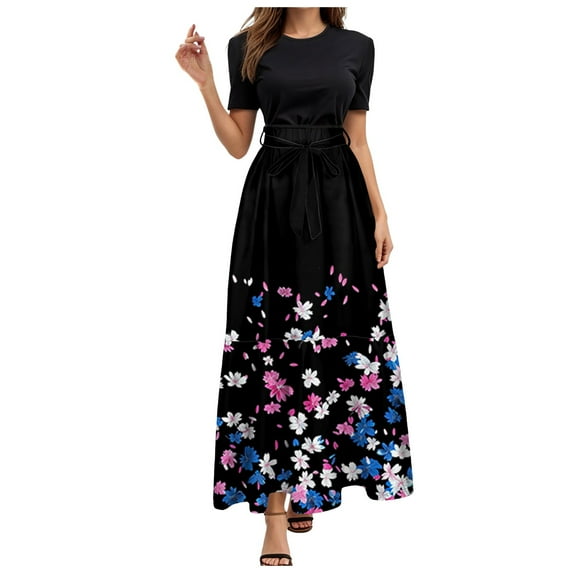 Maxi Dresses for Women Casual Patchwork Tie Puff Sleeve Dress Summer Modest Elegant Church Wedding Guest Dresses