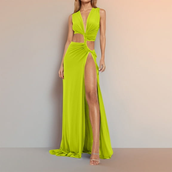 Maxi Dresses for Women Cut Out High Slit V Neck Sleeveless Prom Dress with Ruffle for Party Date Night Evening Gala Dress