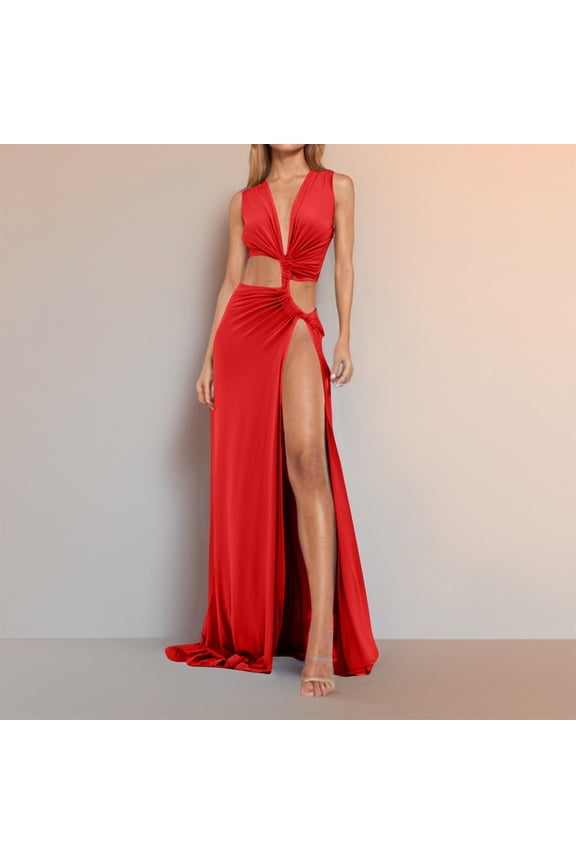Maxi Dresses for Women Cut Out High Slit V Neck Sleeveless Prom Dress with Ruffle for Party Date Night Evening Gala Dress