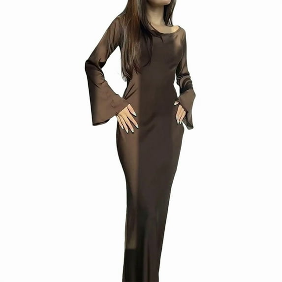 Maxi Dresses for Women Elegant Classy Fall Long Bell Sleeve Ruched Bodycon Fitted Cocktail Party Slit Dress Brown S