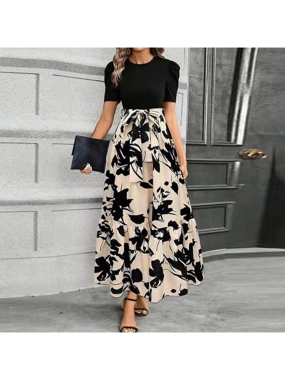 Maxi Dresses for Women Flowy Puff Sleeve Floral Church Dresses Vestidos Elegantes Summer Dresses Casual Trendy Formal Dresses with Belt