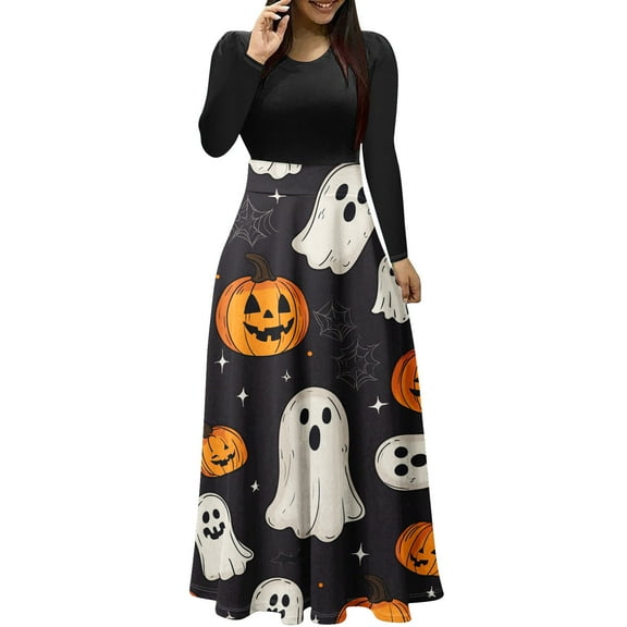 Maxi Dresses for Women Long Sleeve Printed Patchwork Dress High Waist Fall Casual Flowy A Line Party Dress