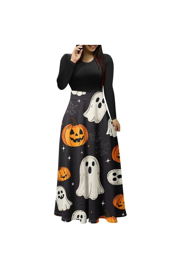 Maxi Dresses for Women Long Sleeve Printed Patchwork Dress High Waist Fall Casual Flowy A Line Party Dress