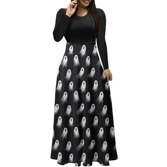 Maxi Dresses for Women Long Sleeve Printed Patchwork Dress High Waist Fall Casual Flowy A Line Party Dress