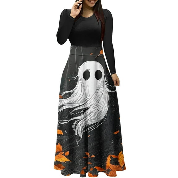 Maxi Dresses for Women Long Sleeve Printed Patchwork Dress High Waist Fall Casual Flowy A Line Party Dress