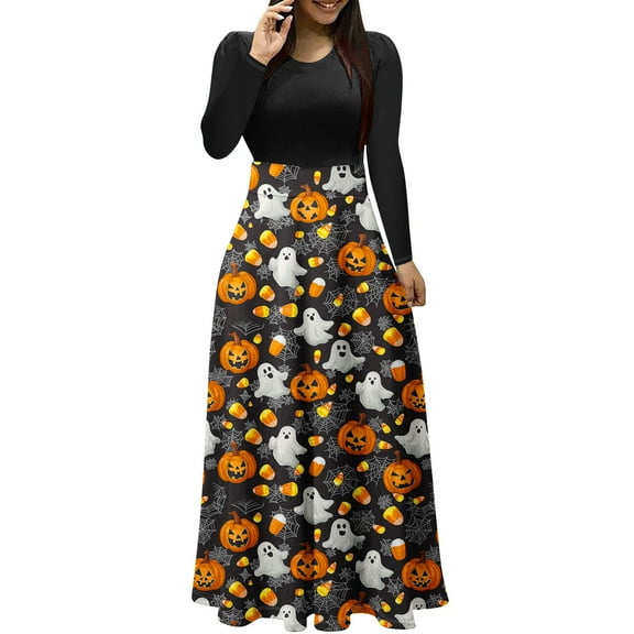 Maxi Dresses for Women Long Sleeve Printed Patchwork Dress High Waist Fall Casual Flowy A Line Party Dress