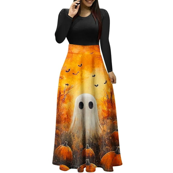 Maxi Dresses for Women Long Sleeve Printed Patchwork Dress High Waist Fall Casual Flowy A Line Party Dress