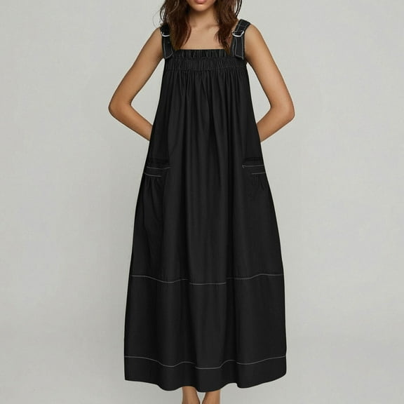 Maxi Dresses for Women Loose Pleated Overall Dress with Pocket Adjustable Straps for Casual Comfort Beach Cover Up Sundress