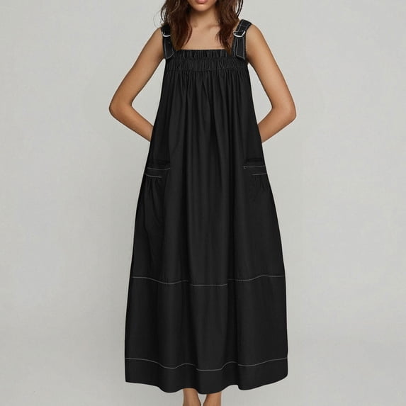 Maxi Dresses for Women Loose Pleated Overall Dress with Pocket Adjustable Straps for Casual Comfort Beach Cover Up Sundress