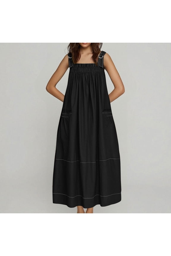 Maxi Dresses for Women Loose Pleated Overall Dress with Pocket Adjustable Straps for Casual Comfort Beach Cover Up Sundress
