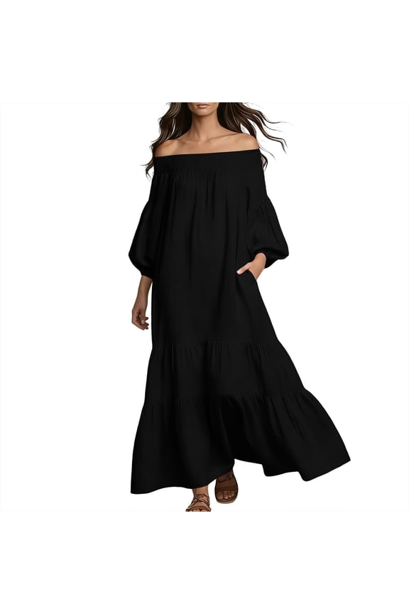 Maxi Dresses for Women Off Shoulder Puff Sleeve Ruffle Tiered Linen Vacation Summer Long Dress with Pockets (2XL, Black)