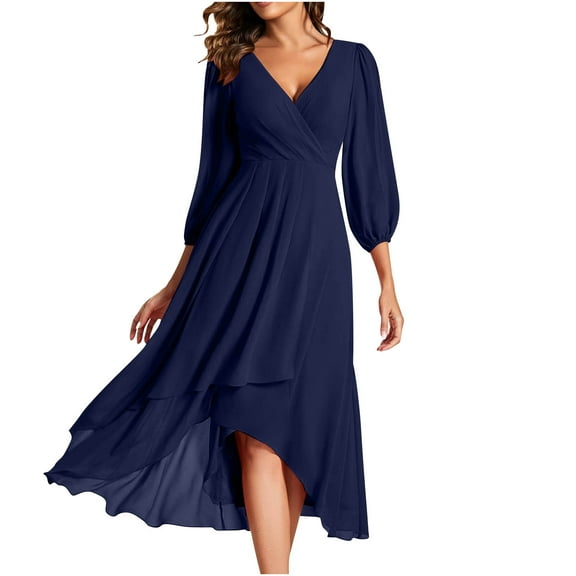 Maxi Dresses for Women Plus Size Women's Chiffon Zipper Pleated A-Line Mid Length Wedding with Long Sleeve and V-Neck Dress Blue M