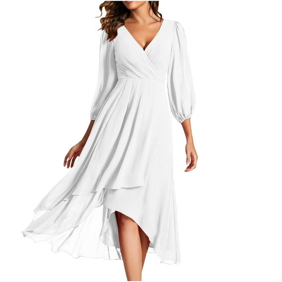 Maxi Dresses for Women Plus Size Women's Chiffon Zipper Pleated A-Line Mid Length Wedding with Long Sleeve and V-Neck Dress White L