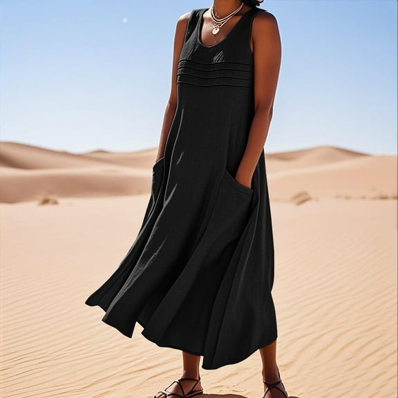 Maxi Dresses for Women Plus Size Women's Cotton and Linen Dress Long Sleeveless Solid Color Dress with Pocket Skirt Black Xxl