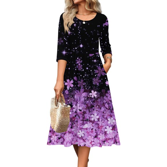 Maxi Dresses for Women Printed Long Sleeve Crew Neck Maxi Flowy Dress with Pocket Long Sleeve Long Dress, 2-Purple 2XL