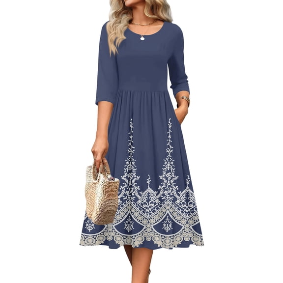 Maxi Dresses for Women Printed Long Sleeve Crew Neck Maxi Flowy Dress with Pocket Maxi Dress, 2-Blue 2XL