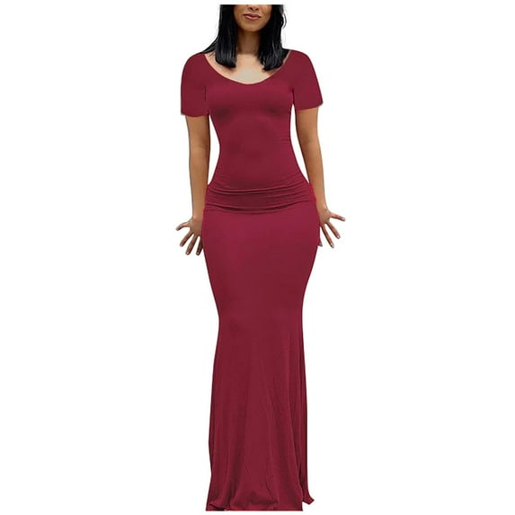 Maxi Dresses for Women Short Sleeve T Shirts V Neck Slimming Long Dress Summer Casual Solid Color Tall Dress