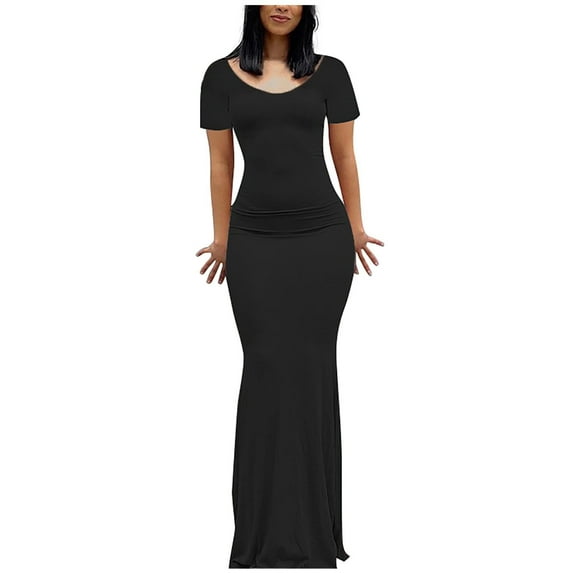 Maxi Dresses for Women Short Sleeve T Shirts V Neck Slimming Long Dress Summer Casual Solid Color Tall Dress