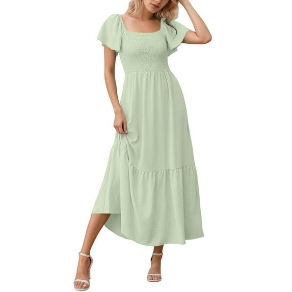 Maxi Dresses for Women, Square Neck Flutter Sleeve Smocked Dress with Pockets, for Various Occasions