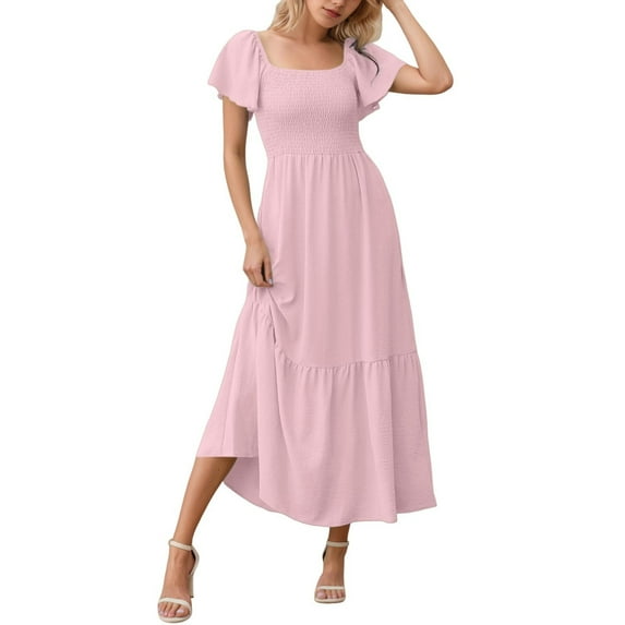 Maxi Dresses for Women, Square Neck Flutter Sleeve Smocked Dress with Pockets, for Various Occasions