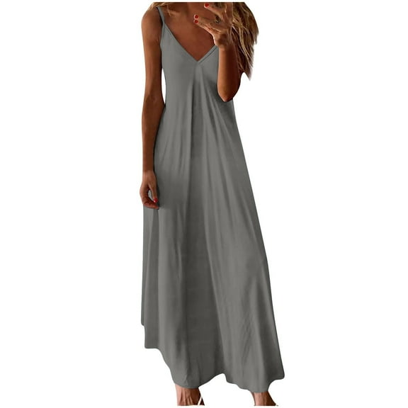 Maxi Dresses for Women Summer Beach Solid Color Dress V Neck Sleeveless Dress Gray XL