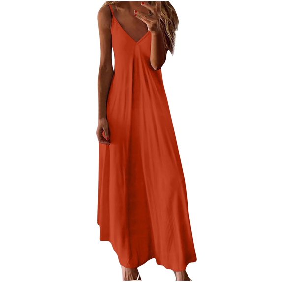Maxi Dresses for Women Summer Beach Solid Color Dress V Neck Sleeveless Dress Orange S