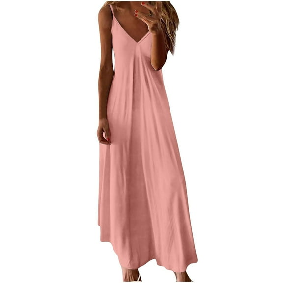 Maxi Dresses for Women Summer Beach Solid Color Dress V Neck Sleeveless Dress Pink XXXL