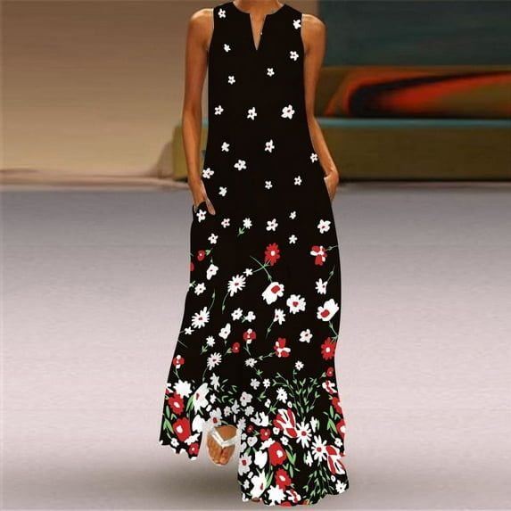 Maxi Dresses for Women Summer Elegant Party Sleeveless V Neck Butterfly Print Vestidos Vintage Loose Beach Casual Dress Black