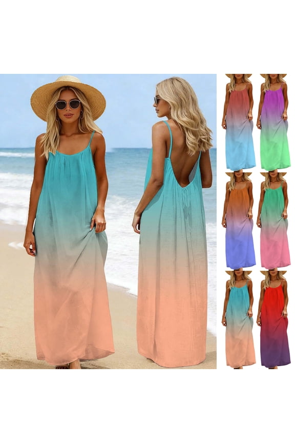 Maxi Dresses for Women Summer Gradient Color Print Dress Cami Lounge Dress Long Backless Sleeveless Beach Cover Up Dresses