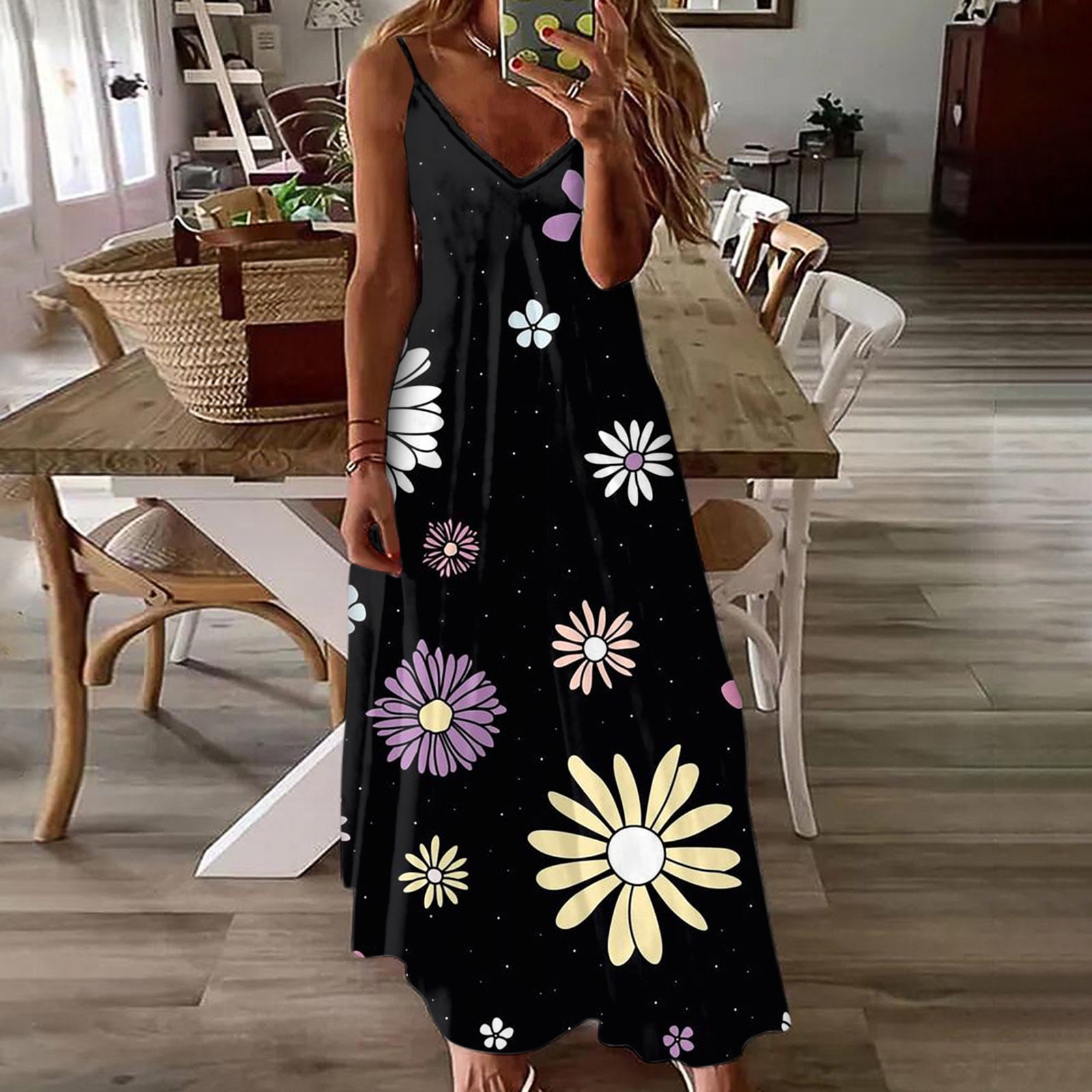 Maxi Dresses for Women V-Neck Sleeveless Daisy Print Summer
