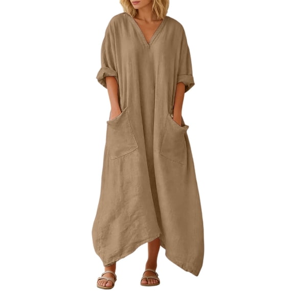Maxi Dresses for Women Women's Elegant Casual Solid Color V Neck Elbow Length Maxi Dress with Front Pocket Lightweight Khaki S